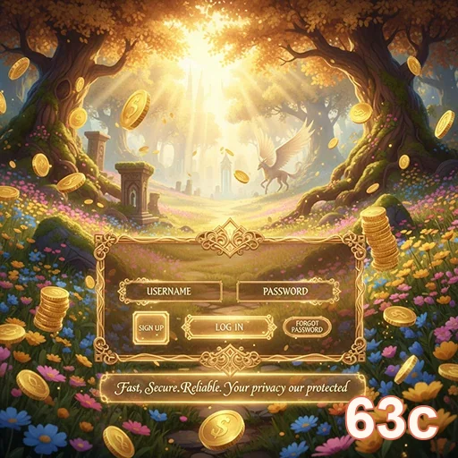 Tela de login da 63c com visual encantador e moedas.