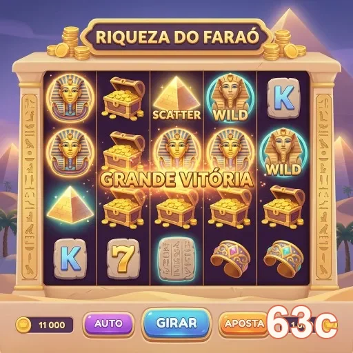 Slots de 'Riqueza do Faraó' no 63c, mostrando grande vitória.