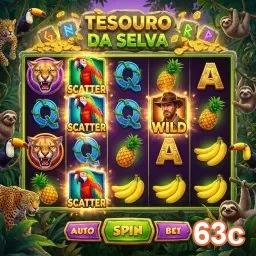 Tela do jogo Tesouro da Selva no 63c com símbolos vibrantes.