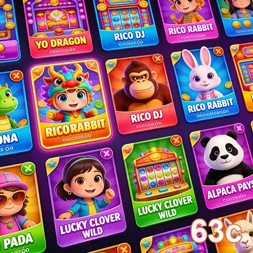 Jogos de slot do 63c com temas variados e coloridos.